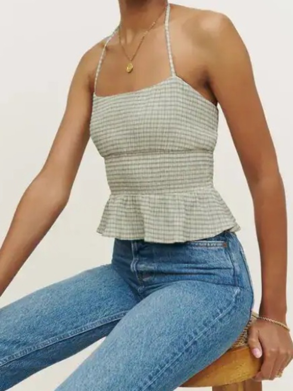 Reformation Bea Top Light Green Gingham Peplum halter neck